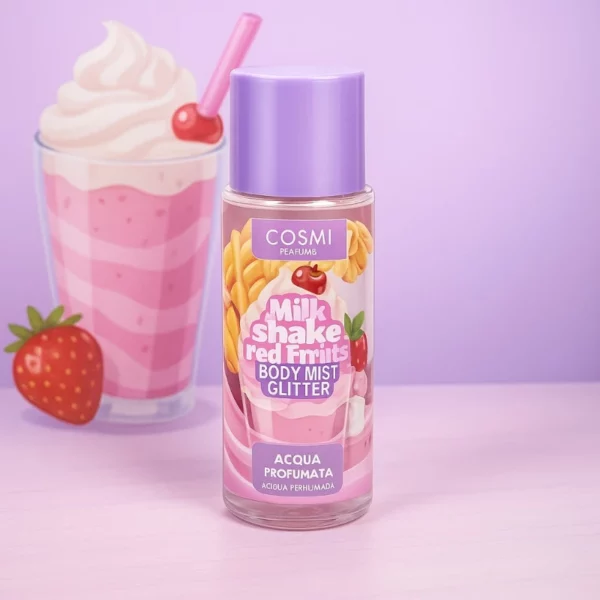 Présentoir de 12 : Brumes Corporelles Pailletées "MILKSHAKE FRUITS ROUGES" – COSMI Milano