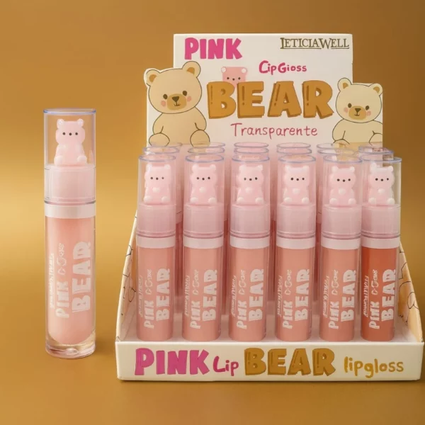 Présentoir de 24 : Lipgloss PINK BEAR – Leticia Well