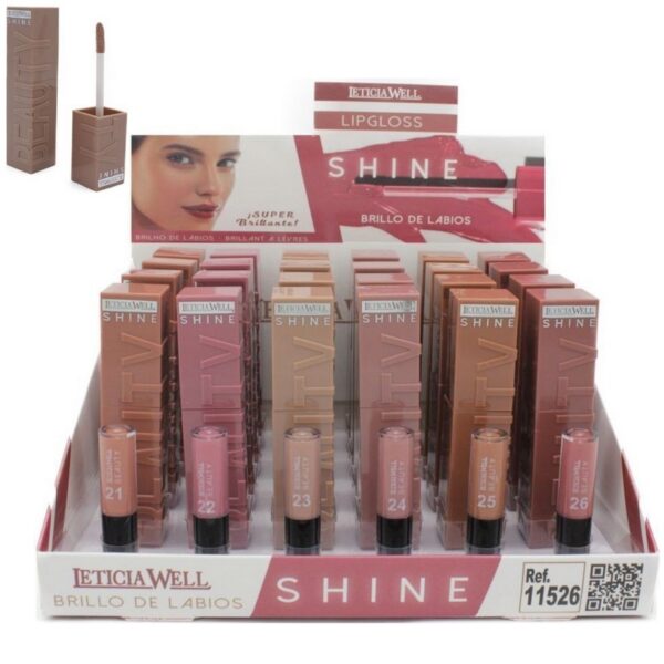 Présentoir de 24 : Gloss à lèvres 6 couleurs 24H. SUPER SHINE - LETICIA WELL