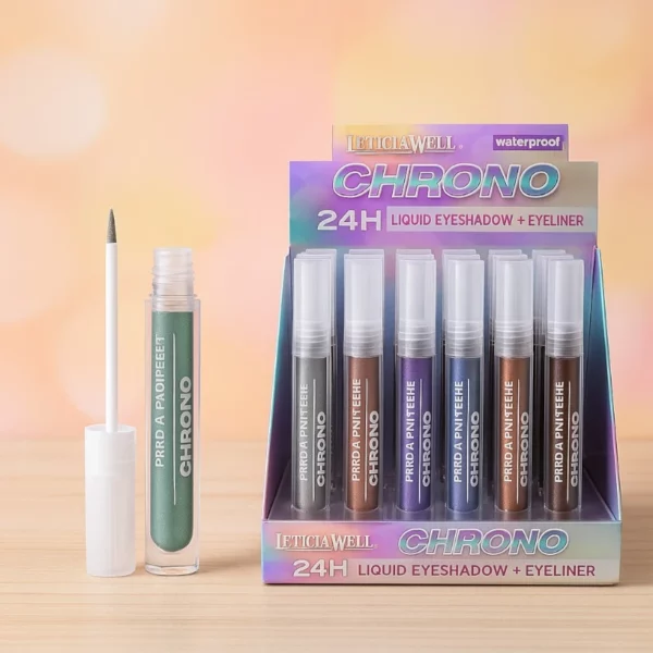 Présentoir de 24 : Fard à paupières & Eye-Liner liquide CHRONO 24H – Leticia Well