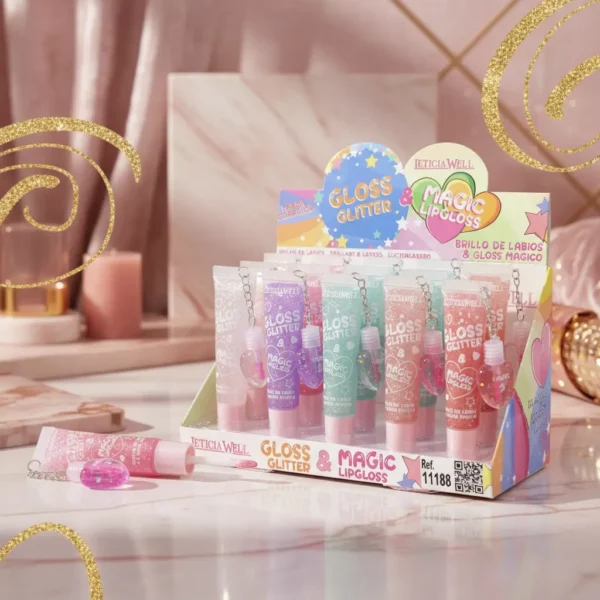Présentoir de 20 : GLOSS À LÈVRES MAGIC GLITTER – LONGUE TENUE – Leticia Well