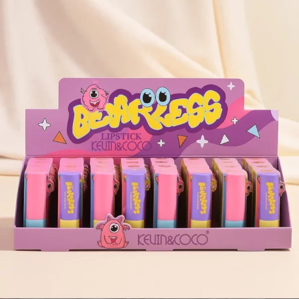 Présentoir de 32 : Rouge à lèvres Velours & Transparent BEARLESS – Kevin & Coco