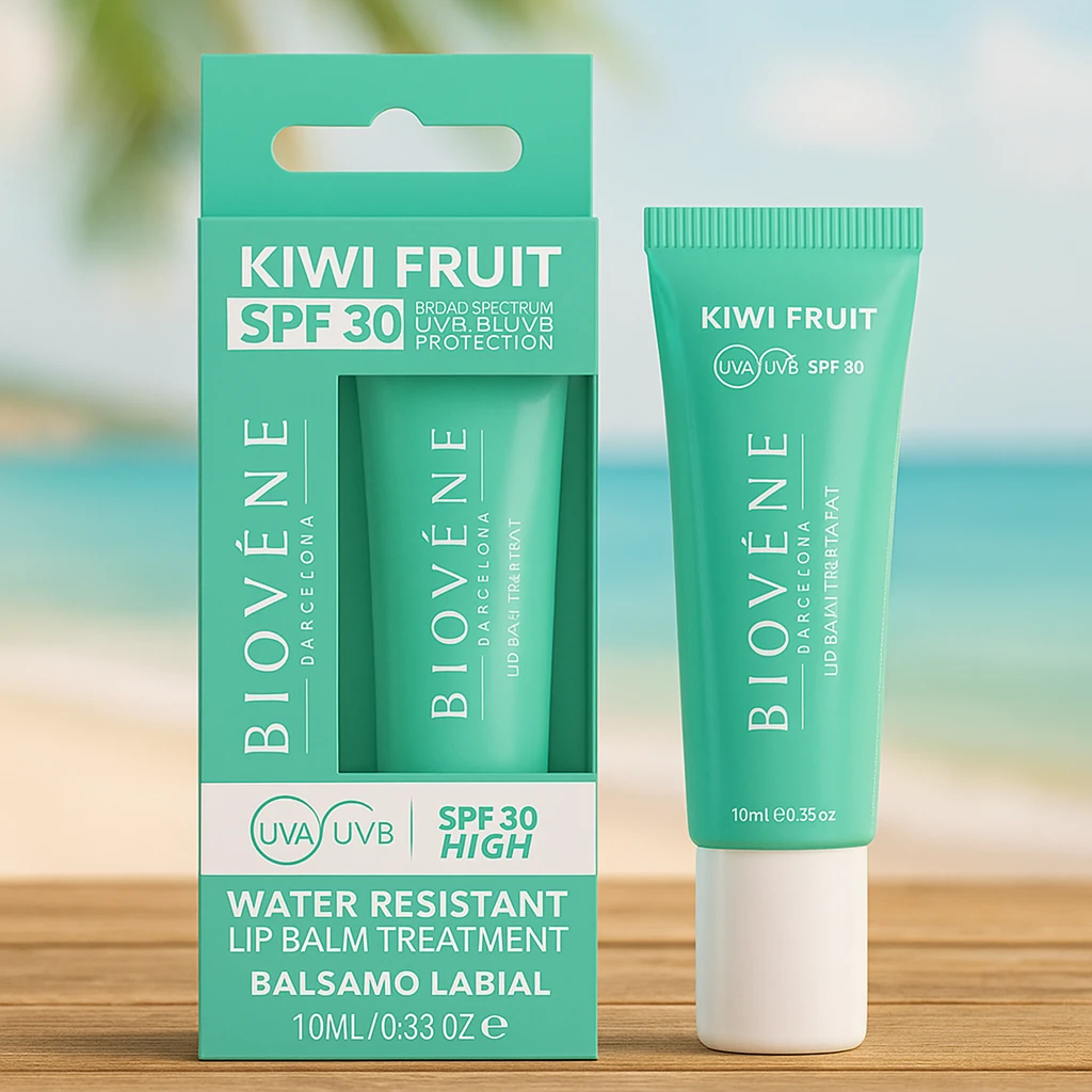 fournisseur-de-soins-et-creme-spf-protectrice-soleil-biovene-24.webp Biovène Barcelona | Baume à lèvres KIWI SPF 30 – Soin Solaire Hydratant Résistant à l’Eau | x6 – Image 1