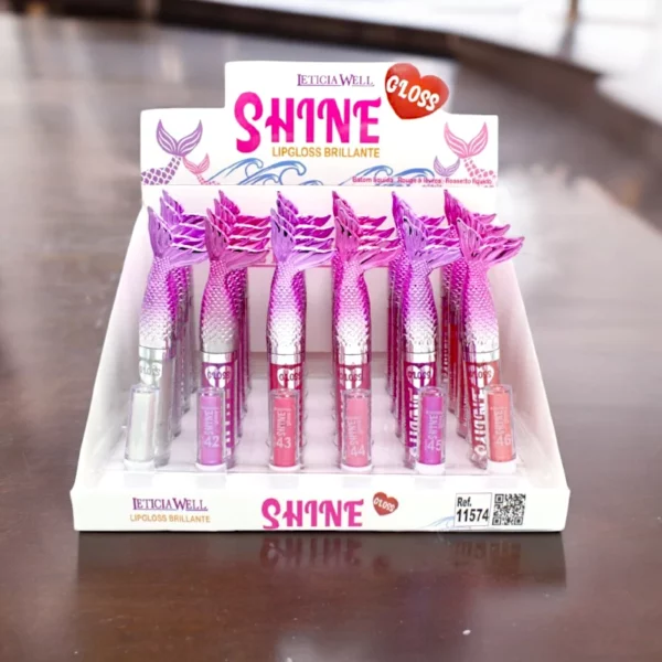 Présentoir de 24 : Gloss à Lèvres SHINE – Packaging en Forme de Queue de Sirène