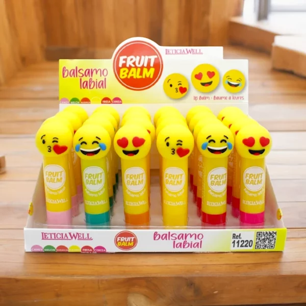 Présentoir de 24 : Baumes à Lèvres Fruités – Packaging en Forme de Smiley