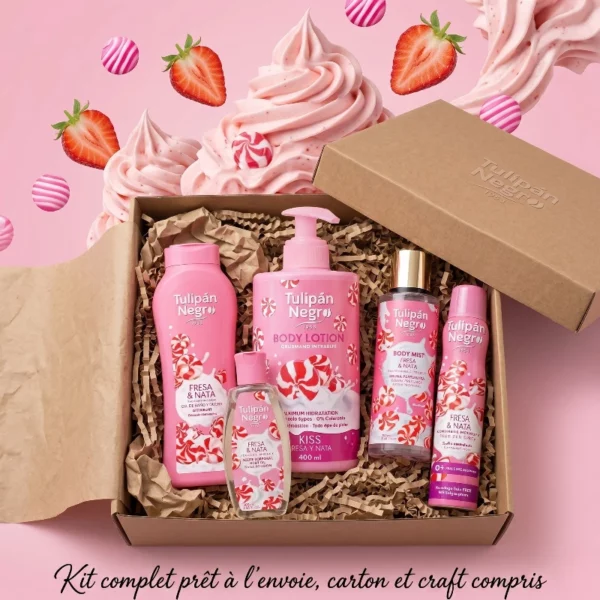 Kit Prêt à envoyé - 🥥 Box Soins Corps "Fraise Chantilly" – 5 Pièces 🥥 Carton & Craft Fournis