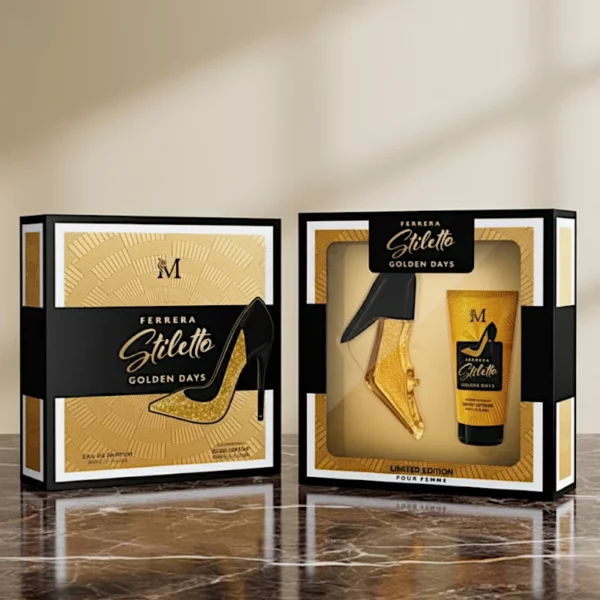 👠Coffret Cadeau Femme Ferrera Stiletto Golden Days : EDP 50ml & Lait Corporel 50ml👠🌟