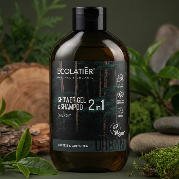 Gel Douche & Shampoing 2 en 1 ÉNERGIE "Cyprès & Thé Vert" – Format Familial 600ml ECOLATIER