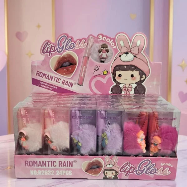 Présentoir de 24 : Gloss Porte-clés "Peluche" Romantic Rain – Écrin de Douceur