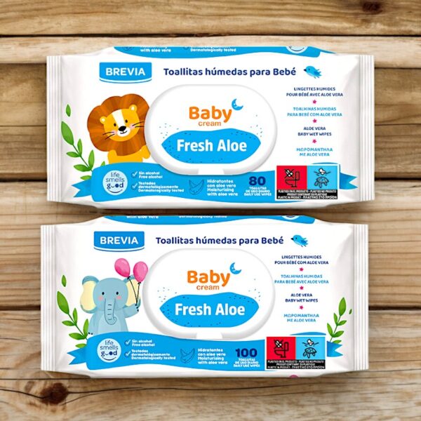 Carton de 12 : Lingette humide pour Bébé Brevia Baby Cream Fresh Aloe Vera - 80 par paquet