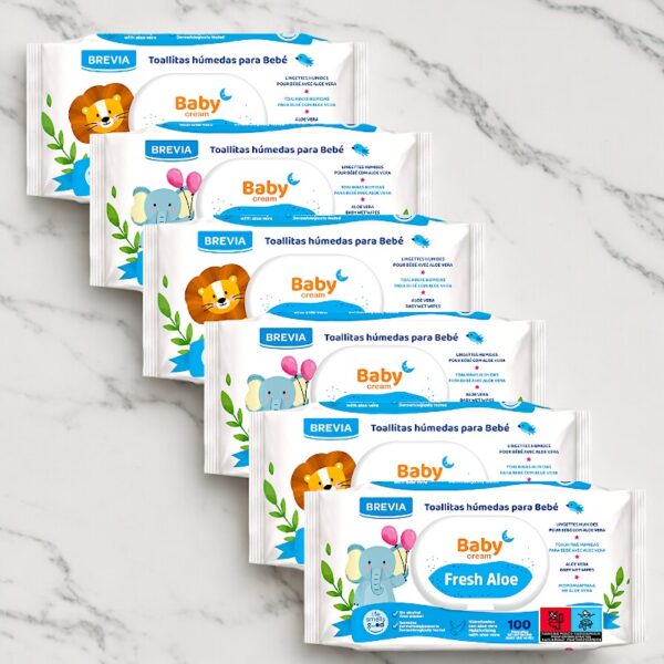 Carton de 24 : Lingette humide pour Bébé Brevia Baby Cream Fresh Aloe Vera - 80 par paquet