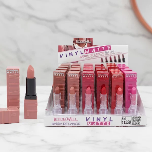Présentoir de 24 : 💄 Rouges à Lèvres "Vinyl Matte" Fixe 24h – Leticia Well