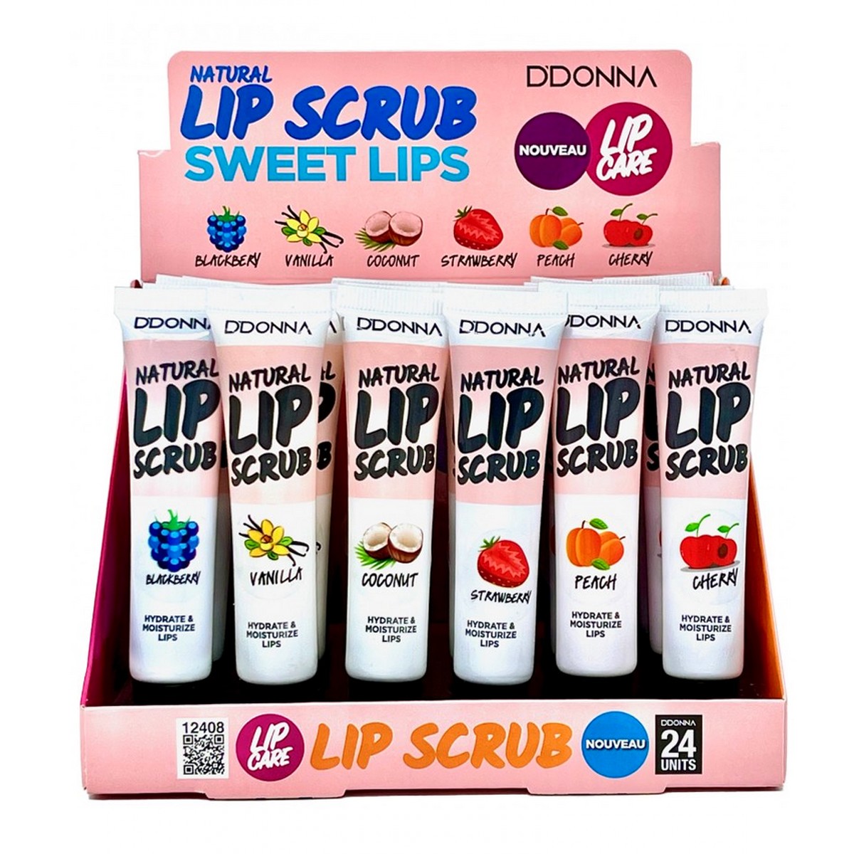 lip-scrub-sweet-lips-ddonna-1.jpg Présentoir de 24 Gommages pour les Lèvres aux fruits – Image 1