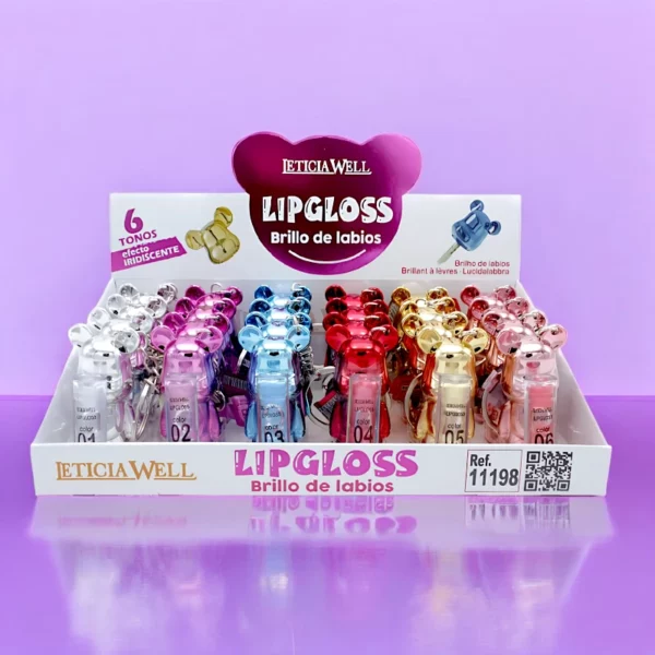Présentoir de 24 : Lipgloss Porte-clé Ours Métallisé – Leticia Well