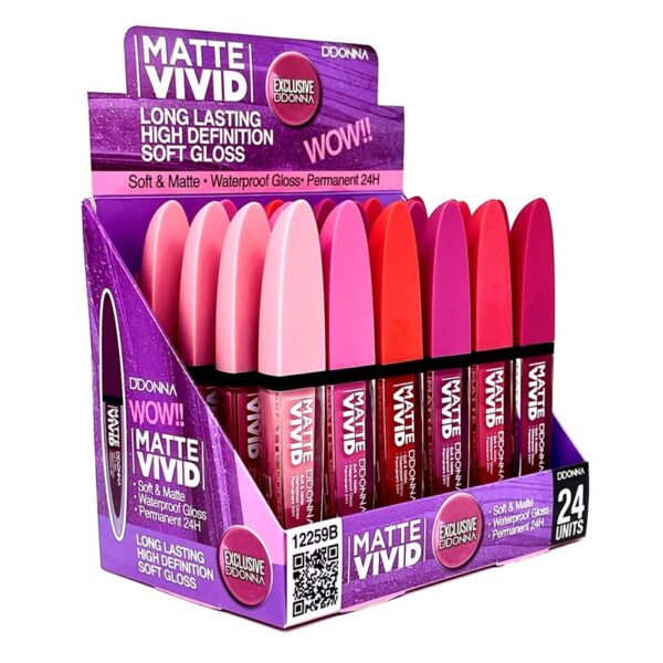 Présentoir de 24 : Rouge à Lèvres Gloss Vivid Waterproof Mat 24H