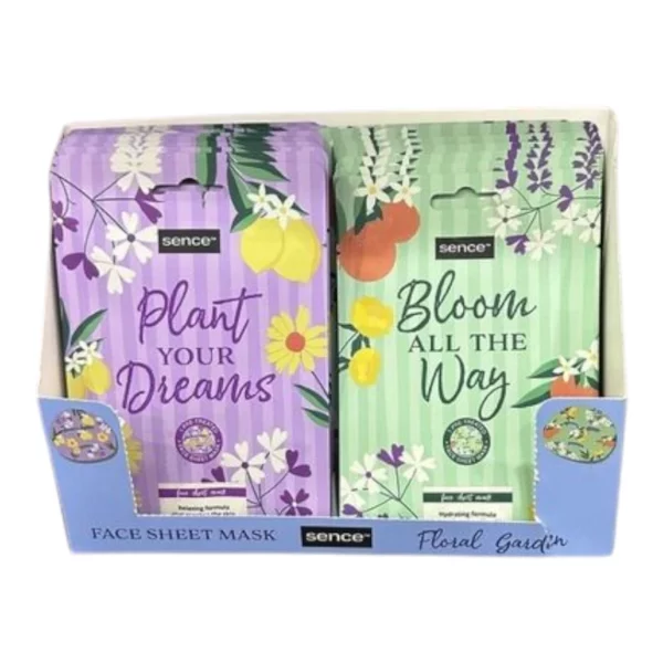 PRÉSENTOIR de 24 : Présentoir de 24 masques faciaux imprimés 20 ml, motif floral jardin - Sence