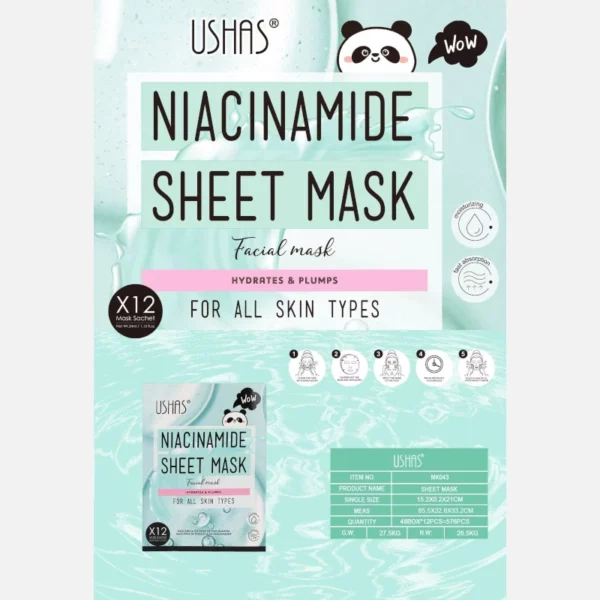 Lot de 12 : MASQUE EN FEUILLE À LA NIACINAMIDE -  Ushas