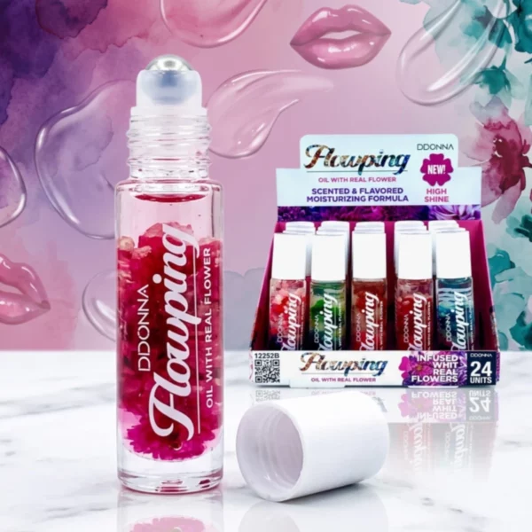 ✨ Présentoir Lot de 24 Huiles à Lèvres Roll-On D'Donna Flowping — Infusées aux Vraies Fleurs 🌸💧