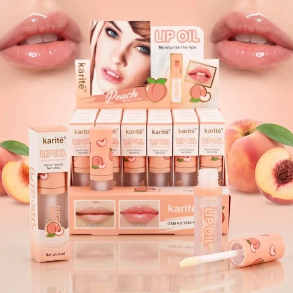 ✨🍑 Présentoir Box de 24 Huiles à Lèvres Hydratantes à la Pêche KARITÉ® 💖🌟 Peach Lip Oil – Toucher Soyeux, Nutrition Intense & Éclat Brillant 💎